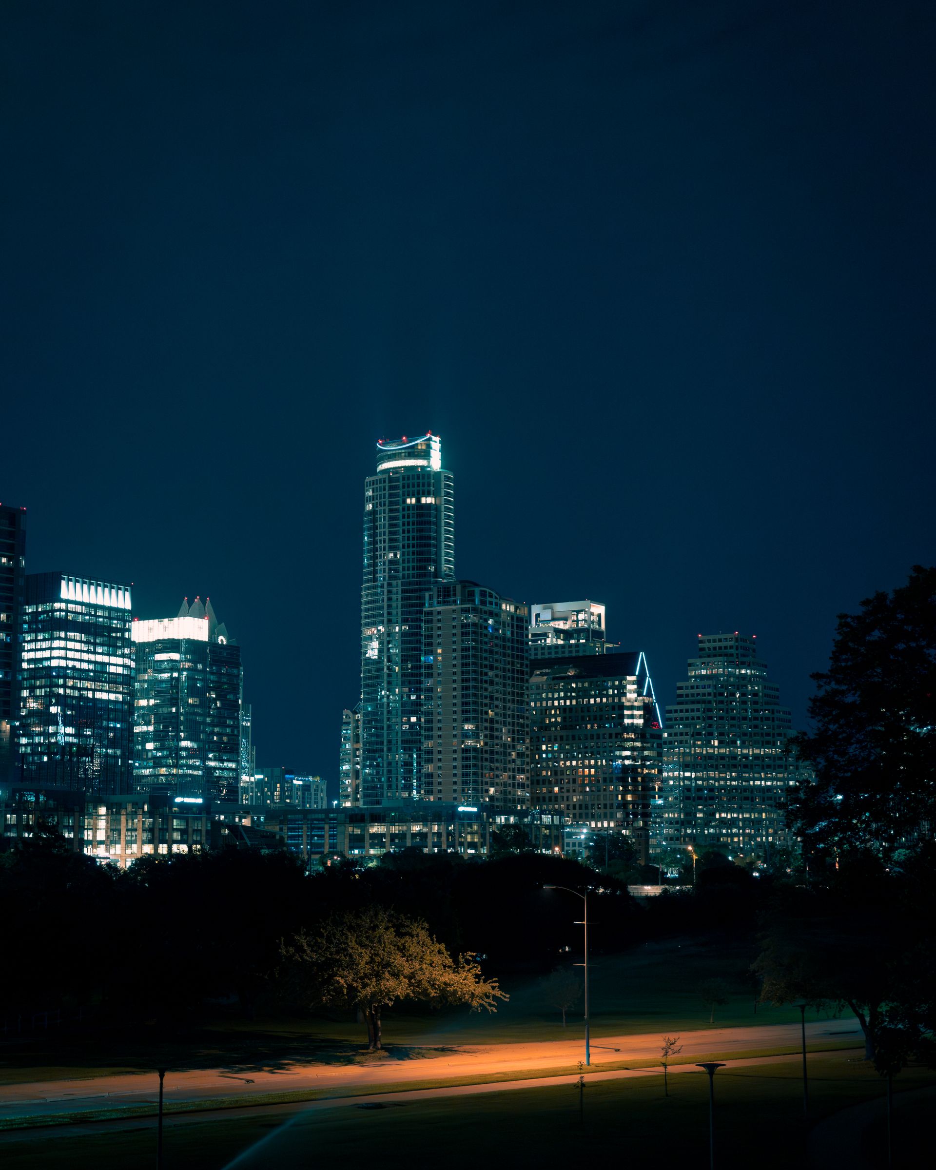 Illuminated downtown skyscrapers